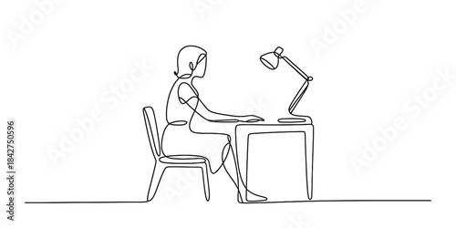 Continuous line drawing of a woman focused on her work at a minimalist home office desk Vector, illustration
