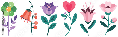 Colorful Floral Illustration Set with Cute Decorative Flowers and Modern Botanical Design