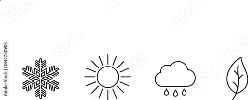 A linear black and white icon set representing four major seasons and weather conditions: snowflake for winter, sun for summer, rain cloud for autumn, and a leaf for spring.