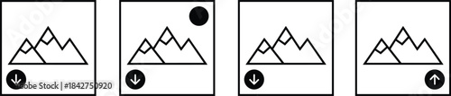 Four line art square icons showing a mountain landscape with arrows indicating image download or upload status, symbolizing photo gallery actions, files, and internet transfer.