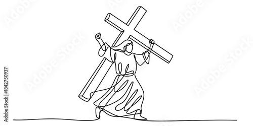 Continuous line drawing of jesus christ carrying a large cross on his shoulders Vector, illustration
