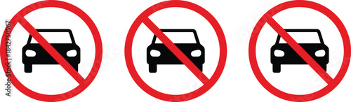 Three identical red and black circular warning signs indicating "No Vehicles" or "No Parking," symbolizing traffic restrictions, road rules, and prohibited car entry zones.