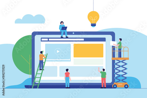 Website Development Illustration with Team Building Interface and Creative Design Concept