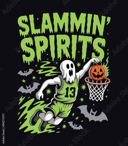 Halloween Ghost Basketball Dunk - Slammin' Spirits Sports Design t shirt design