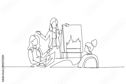Single one line drawing three women in business meeting setting. One woman is giving presentation next to flip chart with an upward trend graph. Continuous line draw design graphic vector illustration