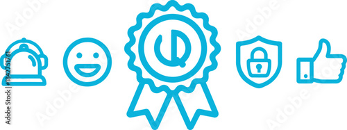 Set of quality assurance icons, happy client, best service, security protection and like sign