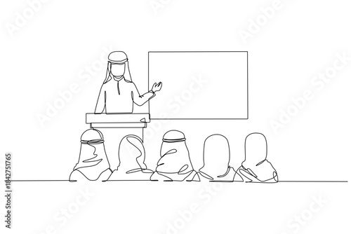Continuous one line drawing Arab male speaker wearing traditional attire, addressing audience, colleagues. Symbolizing business lecture or seminar. Single line draw design vector graphic illustration