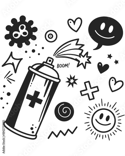 A hand-drawn doodle featuring a spray paint can, stars, hearts, smiley faces, and a virus-like shape in a black and white comic style