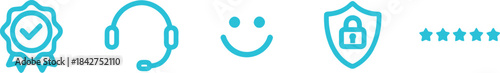 Set of quality assurance, customer support, happy client, security and star rating icons
