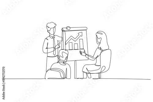 Single one line drawing three colleagues in business presentation reviewing flip chart with upward trend bar graph. Successful financial growth. Continuous line draw design graphic vector illustration