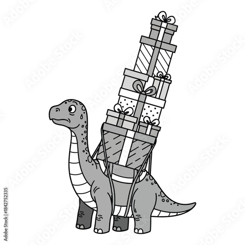 Grayscale cartoon sauropod dinosaur struggling to carry a towering stack of seasonal gifts on its back