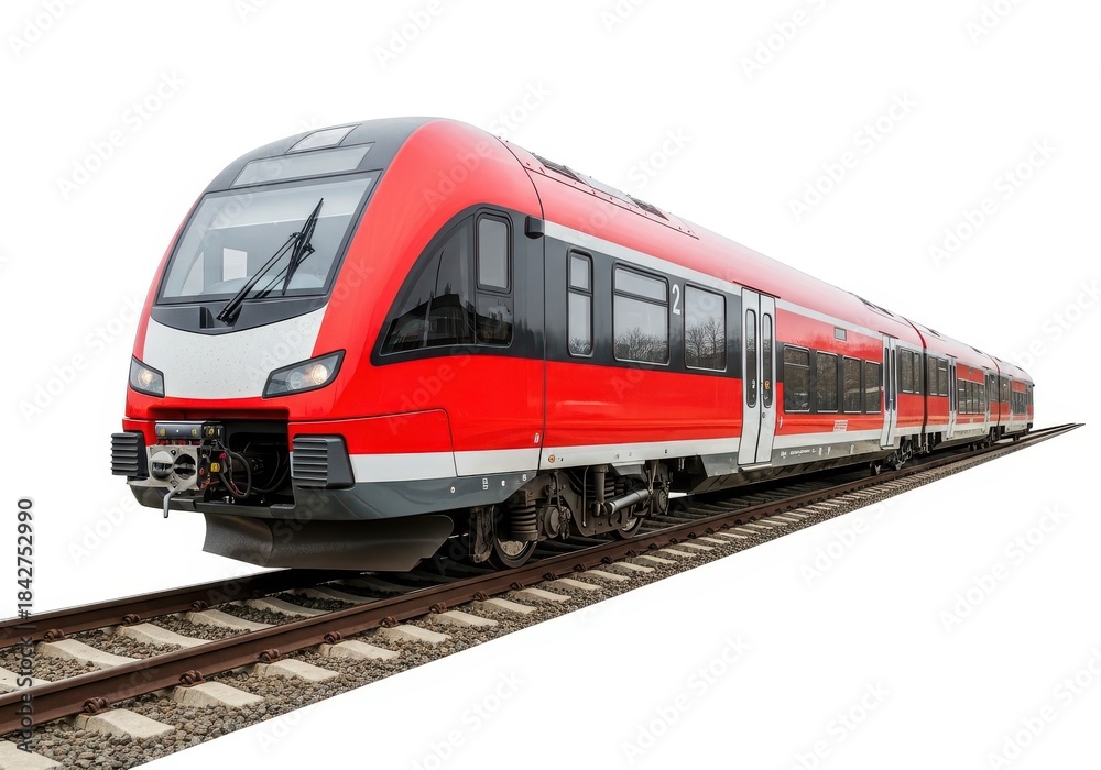 Naklejka premium Modern commuter railway vehicle travels along tracks against a white background