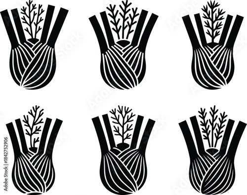 Set of Minimalist black fennel vegetable bulb with fronds silhouette vector icon
