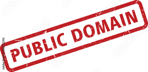 Distressed Red Rubber Stamp Angled Left Reading PUBLIC DOMAIN on White Background