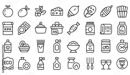Clean outline illustrations of nutrition symbols, organic certifications, meal bowls, drinks, and natural foods