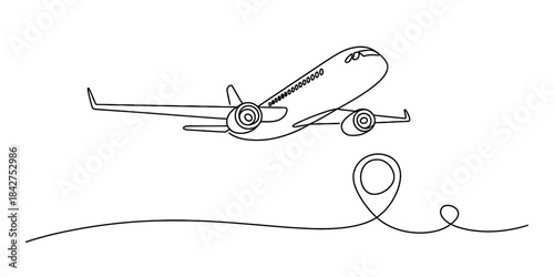 Continuous single line art depicting an airplane journey and location pin icon Vector, illustration