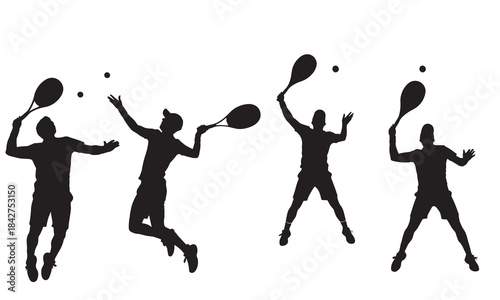 Set of four dynamic tennis player silhouettes in action poses