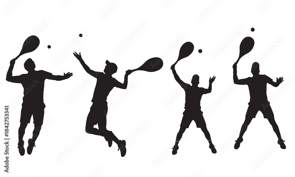 Fototapeta premium Four silhouettes of tennis players serving and hitting balls