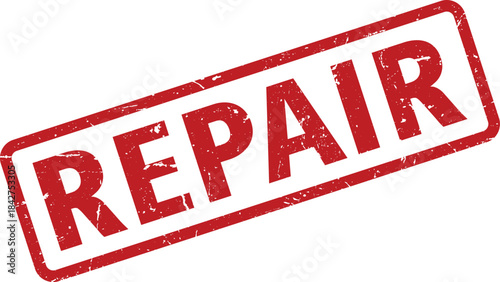 Distressed Red Repair Stamp Rectangular Rubber Stamp Impression with Worn Texture on White Background