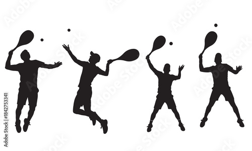 Four silhouettes of tennis players serving and hitting balls