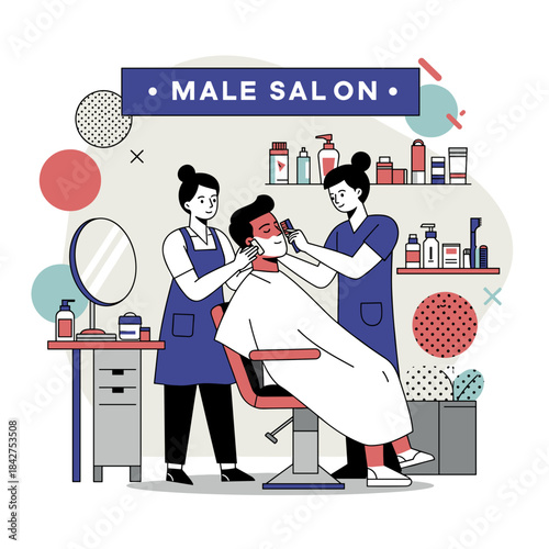 male salon barbershop service with barbers shaving client's face for website headers, social media marketing, and business presentations about grooming and self-care
