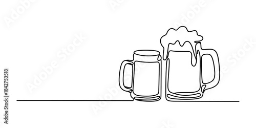 Continuous line drawing featuring two beer mugs, one with overflowing foam, for a minimalist design. Vector, illustration