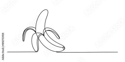 Continuous line art drawing of a partially peeled banana, minimalist fruit illustration Vector, illustration