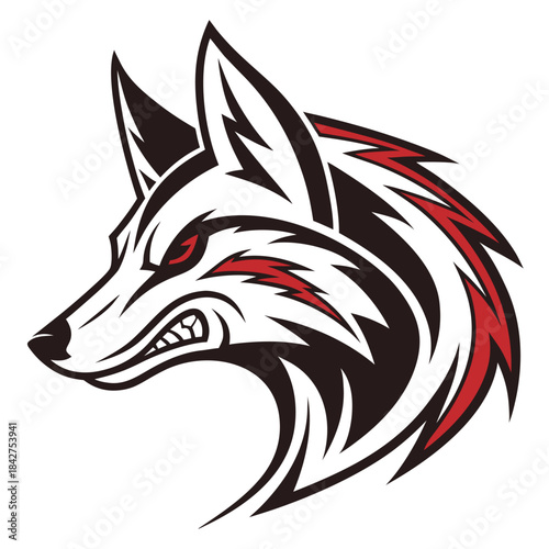 Vector illustration stylized wolf head logo with red eye and sharp teeth on
