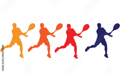 Four silhouettes of tennis players in different colors with adobe illustrator icon