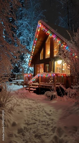 A snowy cabin at night decorated with colorful Christmas lights, warm light shining through the windows.
