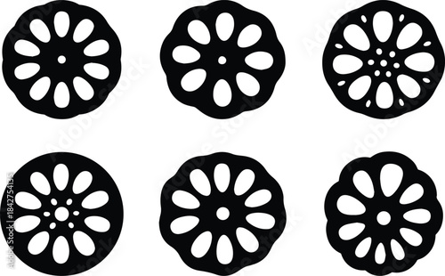 Set of Minimalist black lotus root vegetable cross section silhouette vector icon