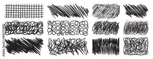 Vector set of scribble graphic elements hand drawn strokes, checks, crosses and highlights