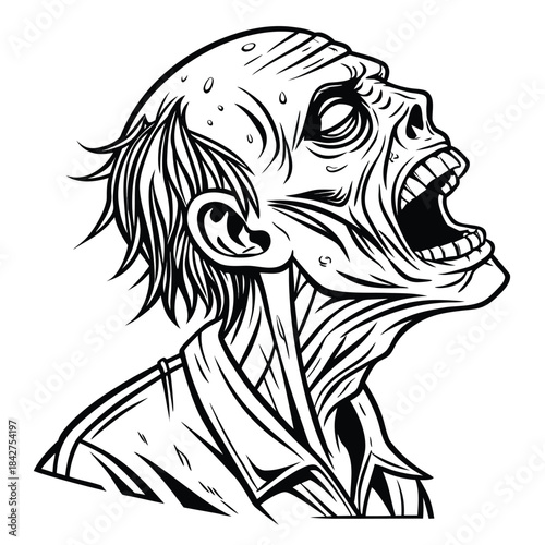 Vector illustration a screaming zombie head with a grotesque expression and exposed skin on a