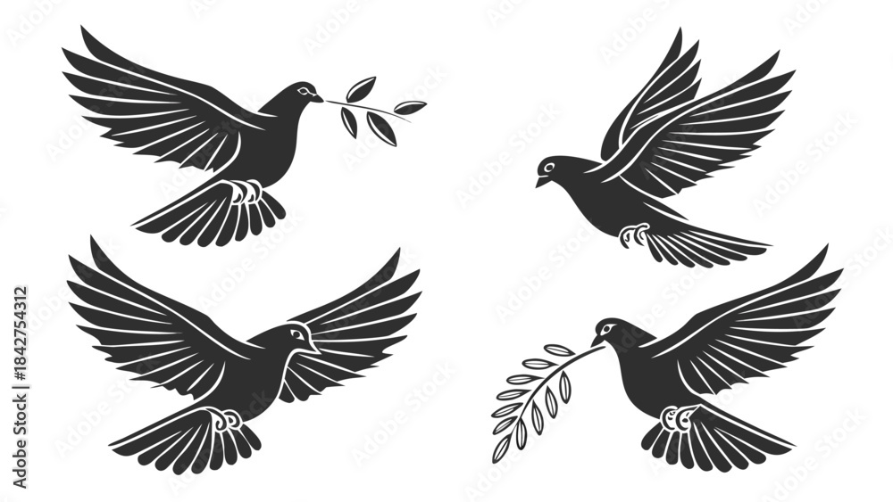Fototapeta premium Vector illustration four black silhouettes of flying birds with olive branches in beaks