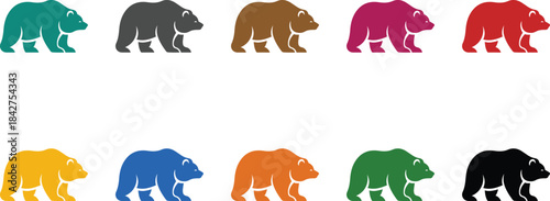 Colorful bear icon collection on white background, Multicolor bear silhouettes wildlife design