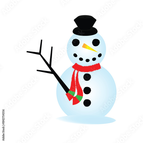 Cartoon Snowman With Black Hat Red Scarf And Stick Arms