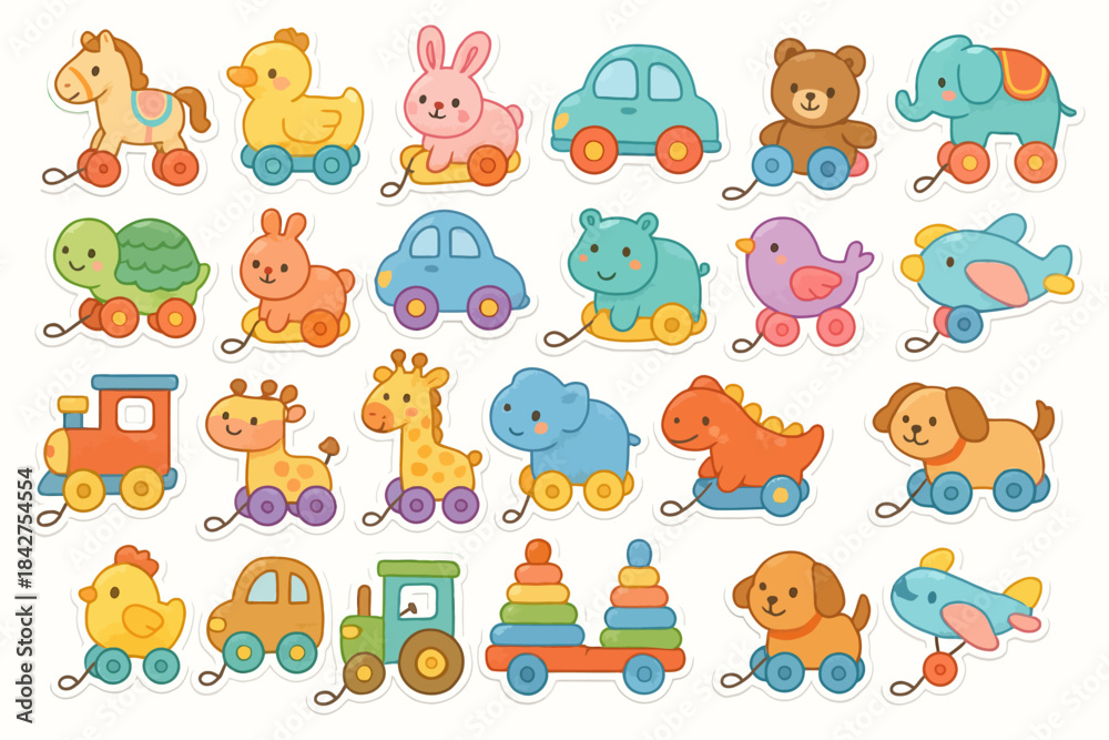 Fototapeta premium Colorful cartoon animal and vehicle stickers for kids playtime fun
