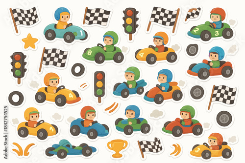 Colorful racing car stickers with diverse children drivers and checkered flags