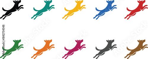 Colorful dog icons in jumping pose on white background, Multicolor dog silhouettes active pet design