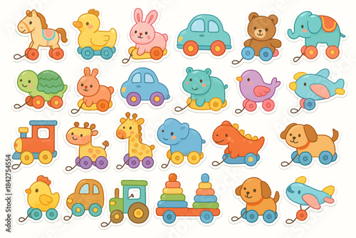 Colorful cartoon animal and vehicle stickers for kids playtime fun