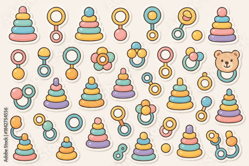 Colorful baby toys pattern with rings, stacking blocks, and teddy bear