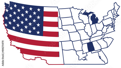 Vector illustration american flag waving over united states map with oklahoma highlighted on