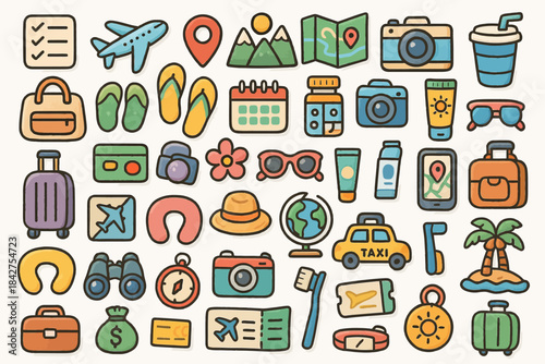 Colorful travel icons featuring maps, cameras, and vacation essentials