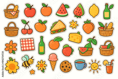 Colorful picnic stickers with food, fruits, and fun summertime elements