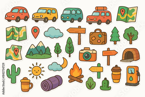 Colorful cartoon adventure stickers featuring cars, maps, and nature elements