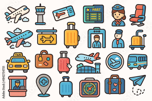 Colorful travel icon set featuring airplanes, luggage, and transport symbols