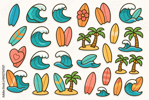 Colorful surfboards, waves, and palm trees in tropical cartoon design