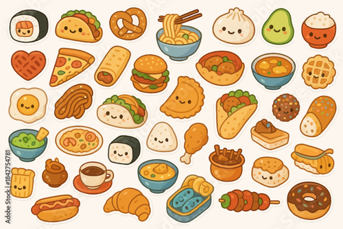 Cute kawaii food stickers with smiling faces and diverse snacks