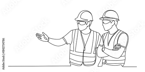 Continuous line drawing of two construction workers in safety gear discussing a plan Vector, illustration
