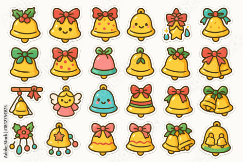 Colorful cartoon christmas bells with smiling faces and holiday decorations